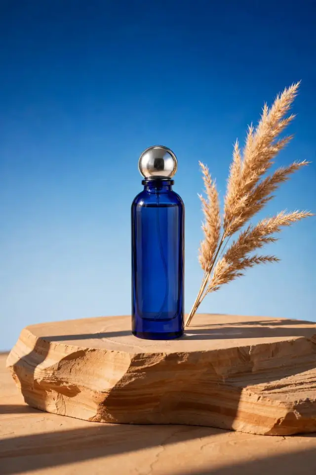 Product Studio result: the bottle on a sandstone plinth in hard sunlight