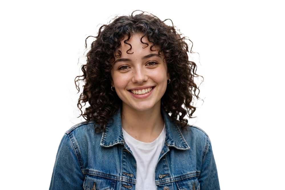 A smiling woman in a denim jacket with the background removed