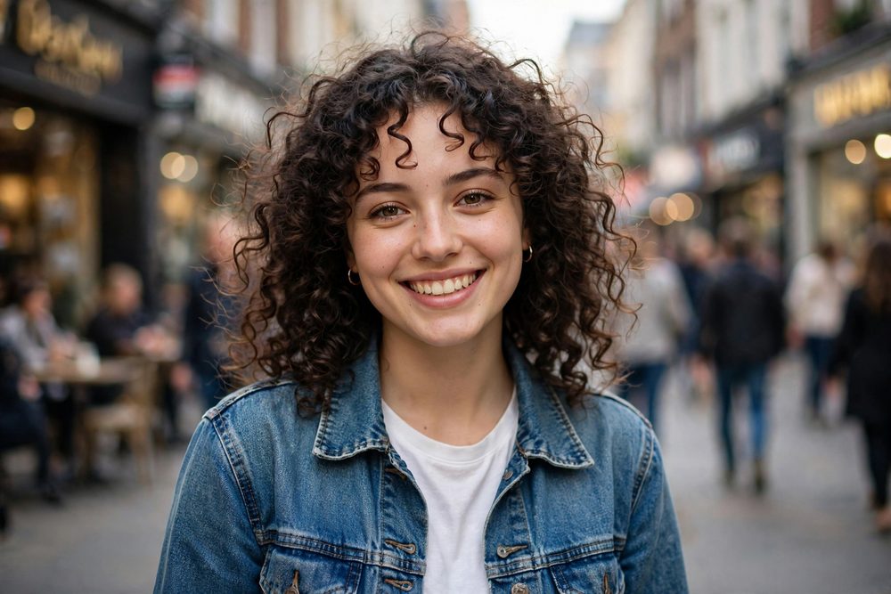 A smiling woman in a denim jacket, original photo