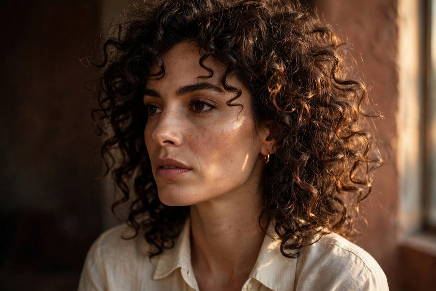 An editorial portrait lit by warm window light