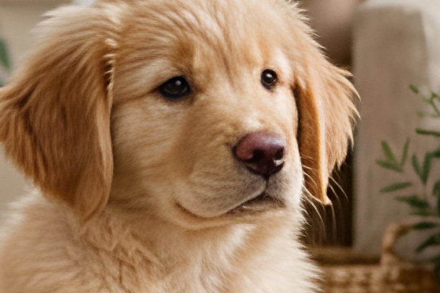 A close-up of a golden retriever puppy's face, upscaled with AI