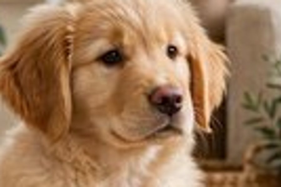 A close-up of a golden retriever puppy's face, enlarged normally